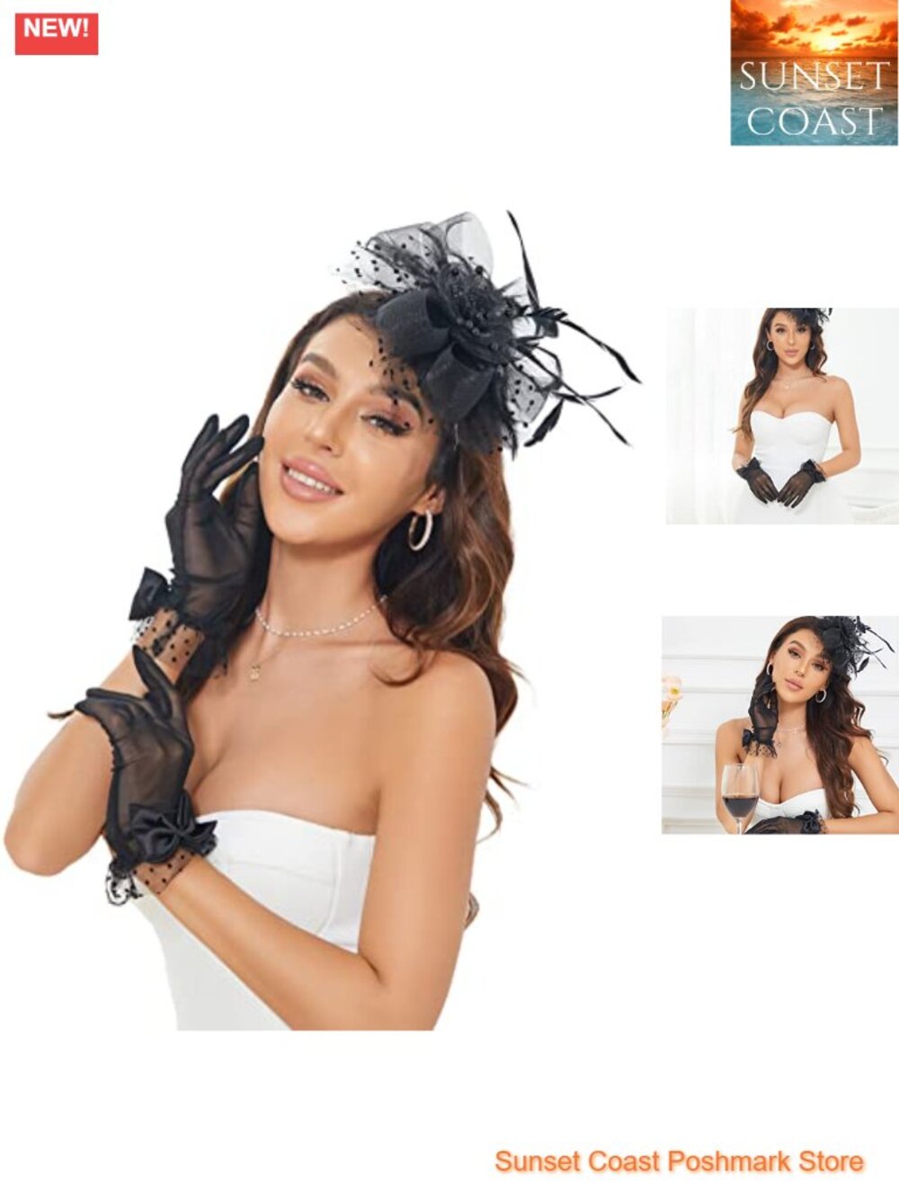 Vintage Pillbox Derby Fascinator Hat Veil Feather Hair Clip with Lace Gloves